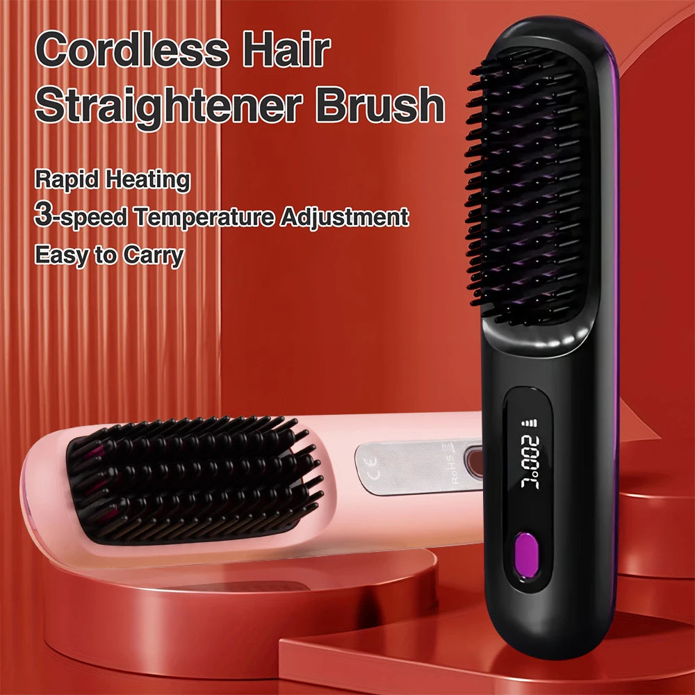 Cordless Hair Straightening Brush — Negative Ion Travel Styler