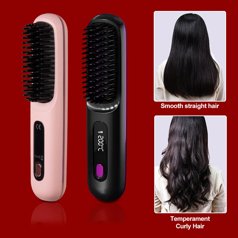 Cordless Hair Straightening Brush — Negative Ion Travel Styler