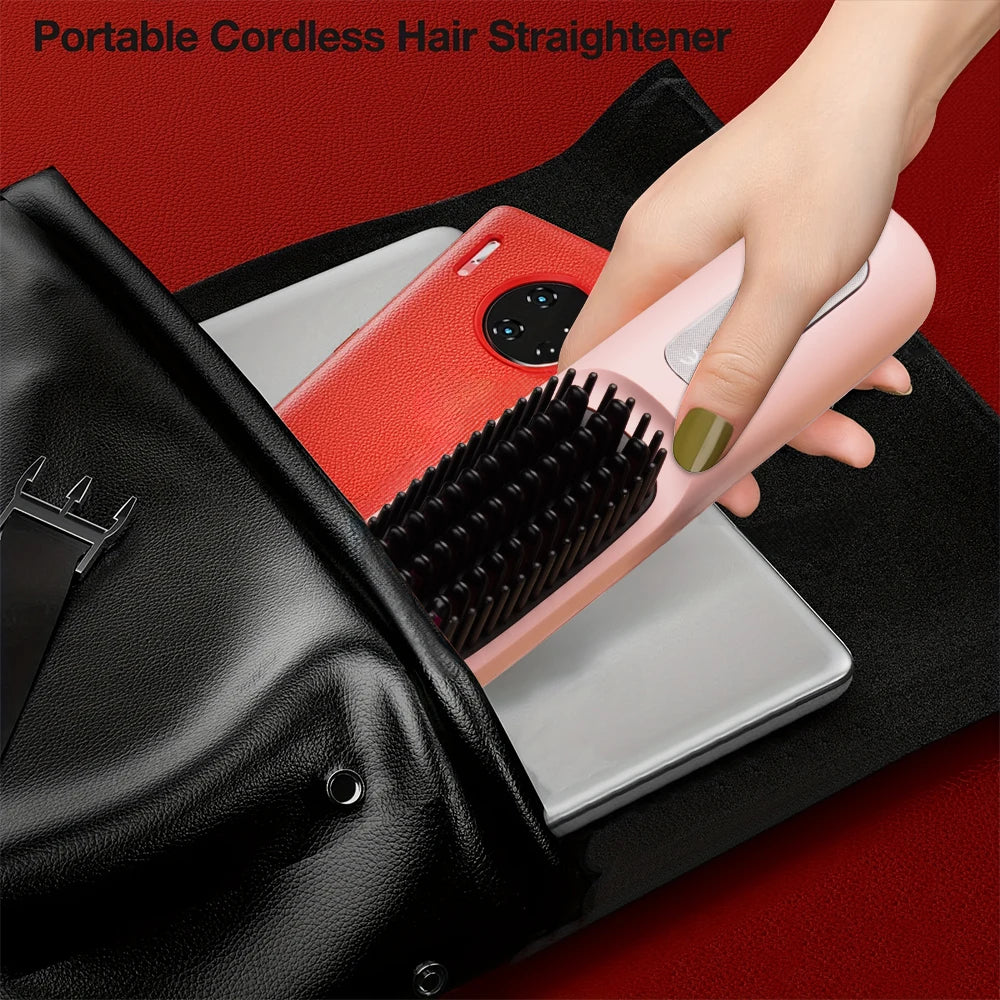 Cordless Hair Straightening Brush — Negative Ion Travel Styler