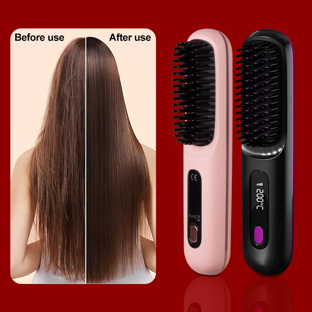 Cordless Hair Straightening Brush — Negative Ion Travel Styler