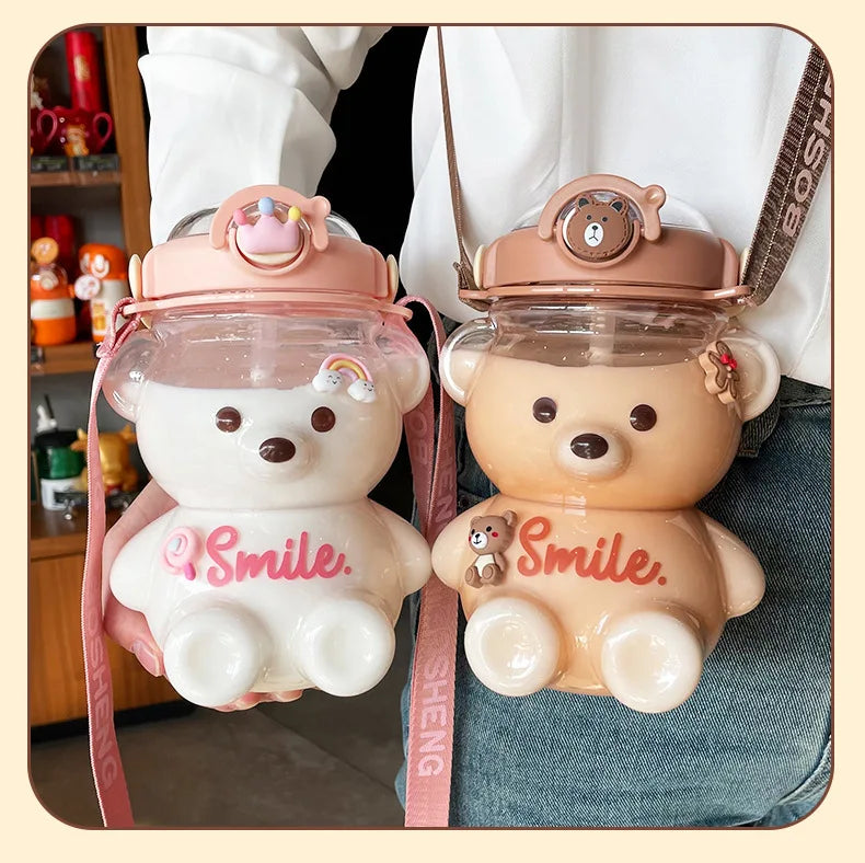Kawaii Bear Water Bottle — 1000ml Cute Straw Cup with Strap