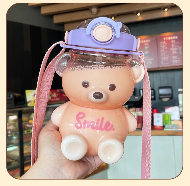 Kawaii Bear Water Bottle — 1000ml Cute Straw Cup with Strap