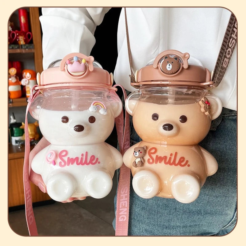 Kawaii Bear Water Bottle — 1000ml Cute Straw Cup with Strap