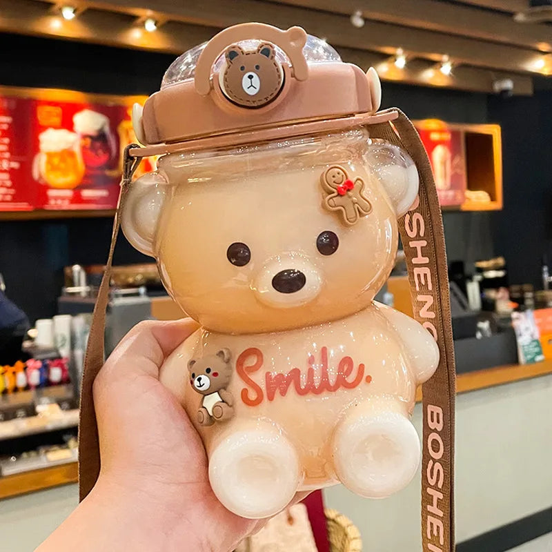 Kawaii Bear Water Bottle — 1000ml Cute Straw Cup with Strap