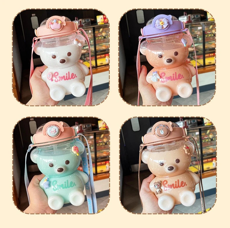 Kawaii Bear Water Bottle — 1000ml Cute Straw Cup with Strap