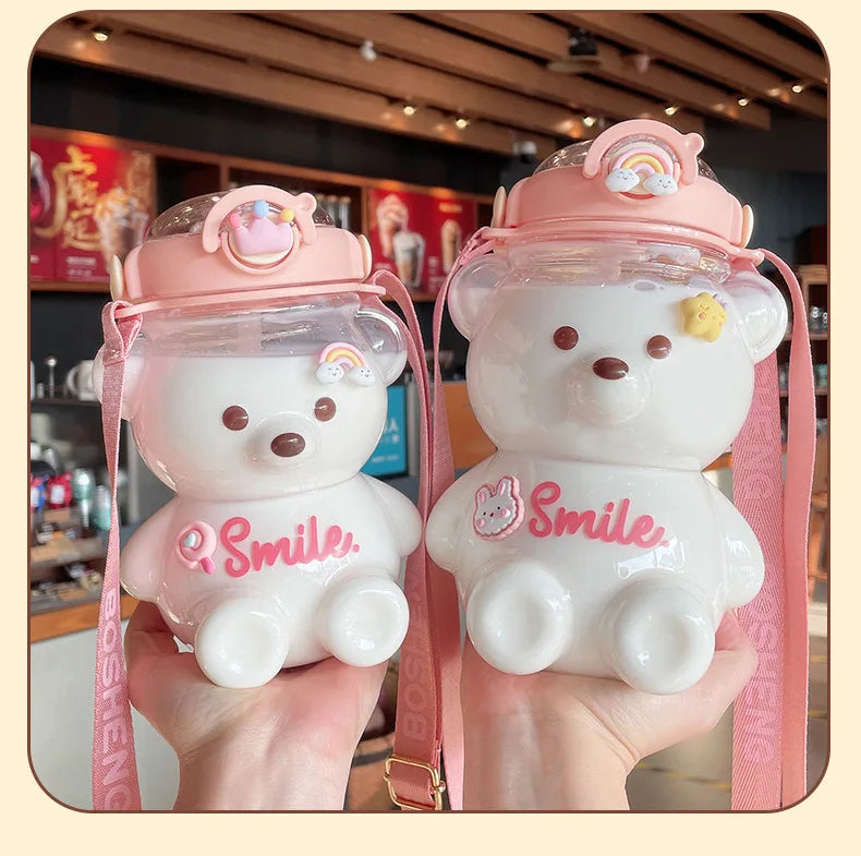 Kawaii Bear Water Bottle — 1000ml Cute Straw Cup with Strap