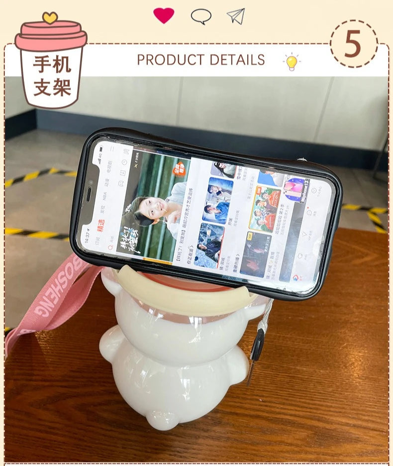 Kawaii Bear Water Bottle — 1000ml Cute Straw Cup with Strap