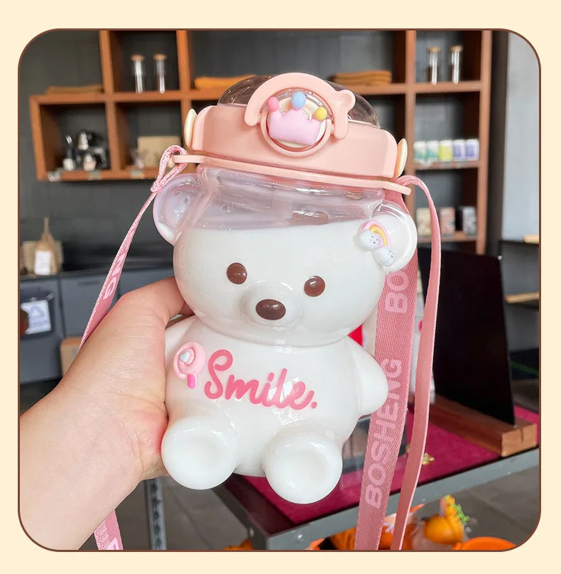Kawaii Bear Water Bottle — 1000ml Cute Straw Cup with Strap