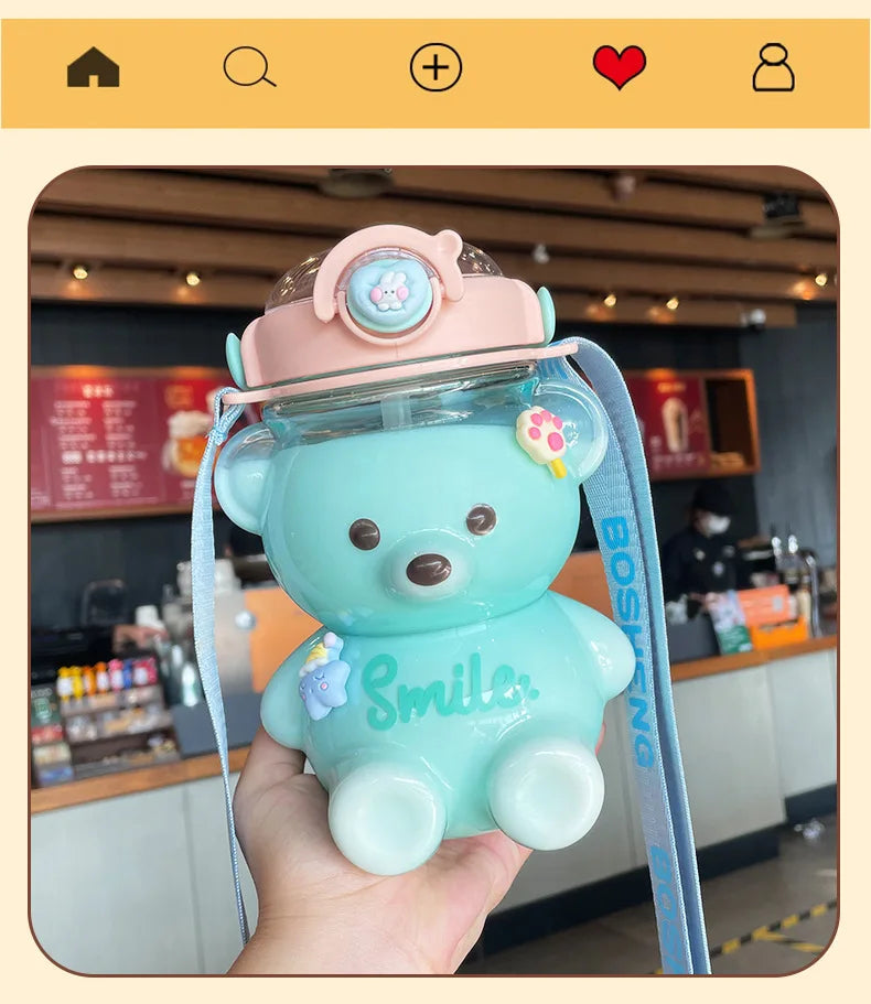 Kawaii Bear Water Bottle — 1000ml Cute Straw Cup with Strap