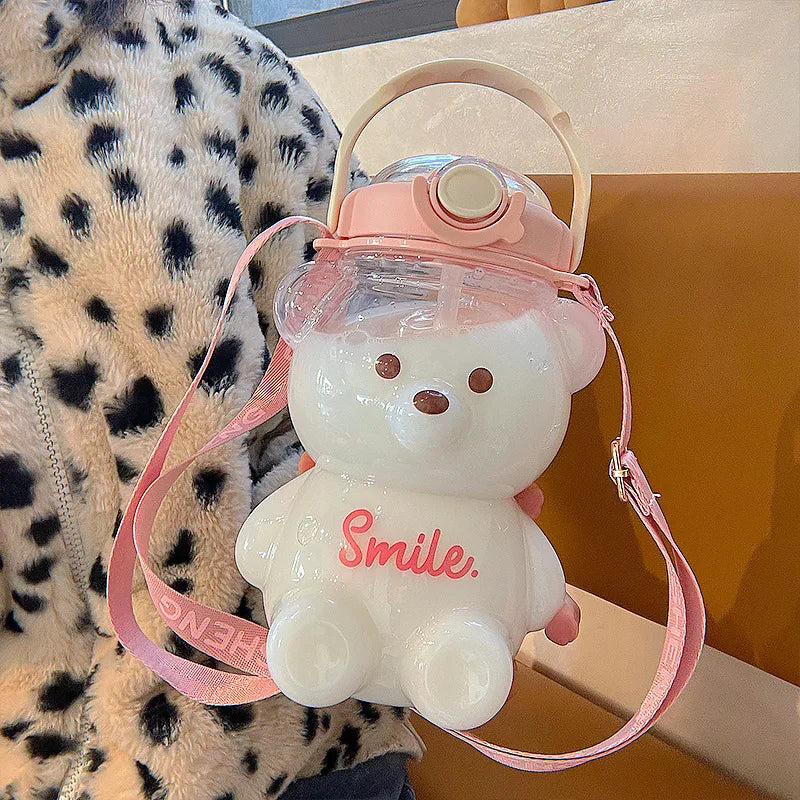 Kawaii Bear Water Bottle — 1000ml Cute Straw Cup with Strap