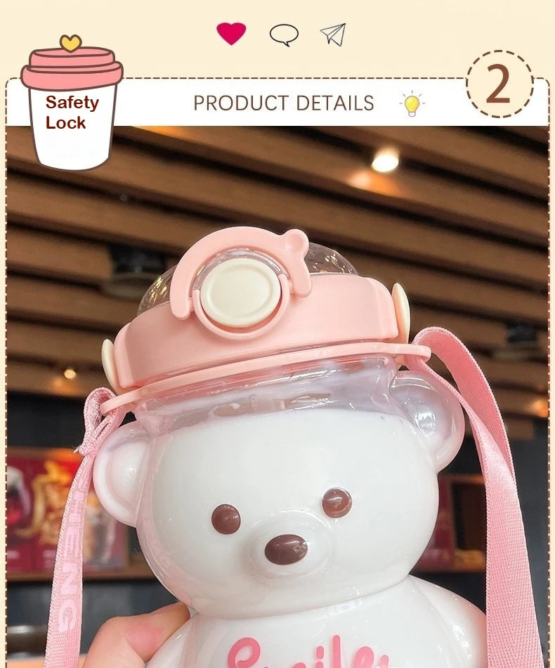 Kawaii Bear Water Bottle — 1000ml Cute Straw Cup with Strap