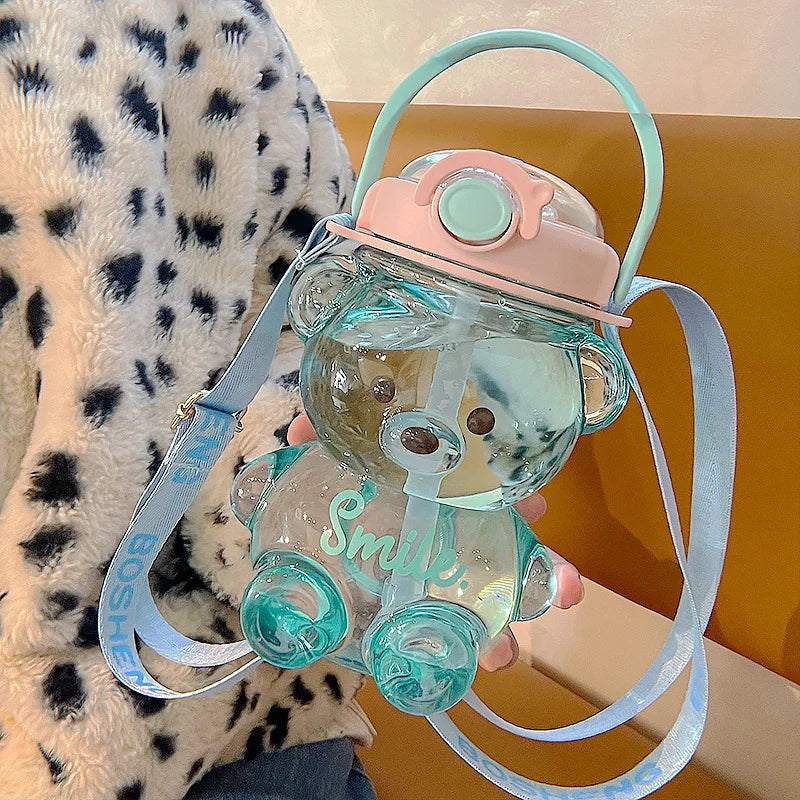 Kawaii Bear Water Bottle — 1000ml Cute Straw Cup with Strap