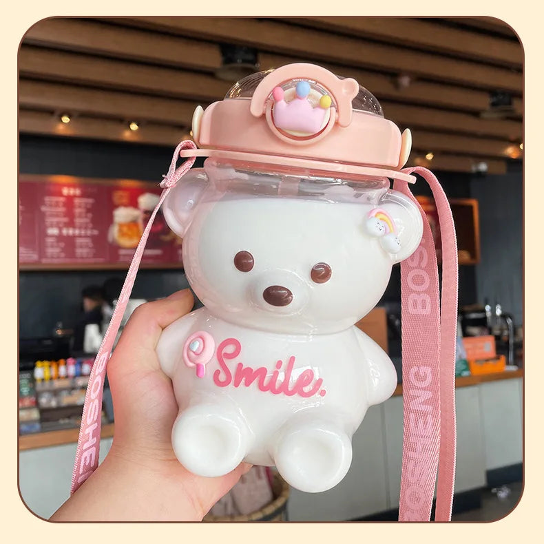 Kawaii Bear Water Bottle — 1000ml Cute Straw Cup with Strap