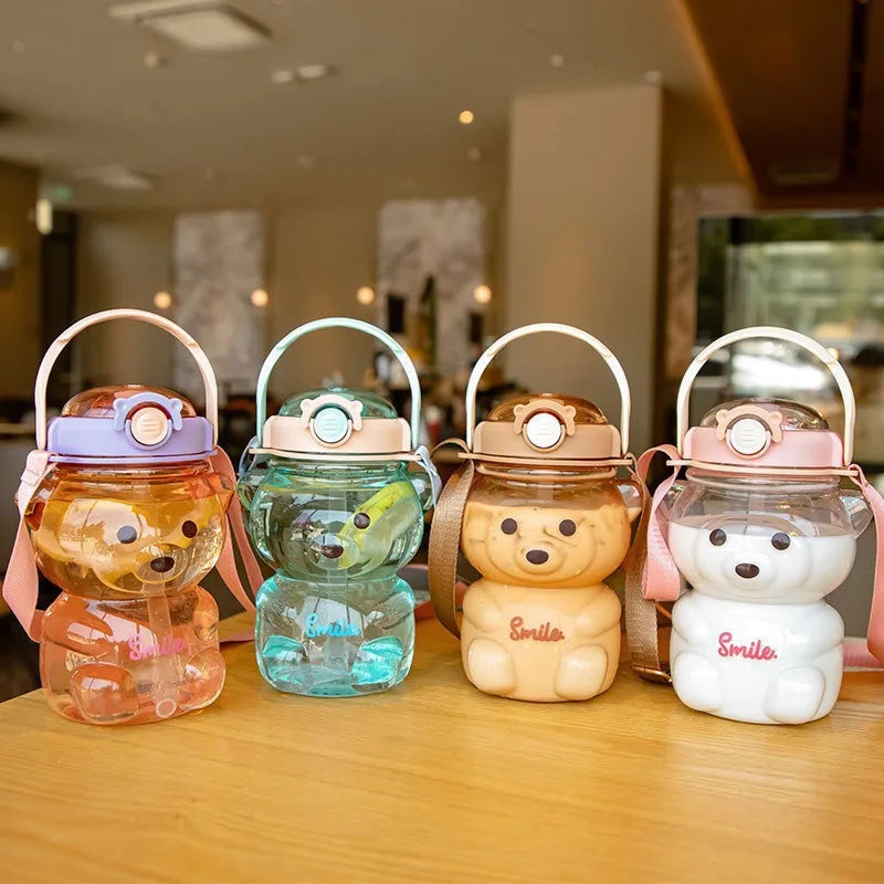 Kawaii Bear Water Bottle — 1000ml Cute Straw Cup with Strap