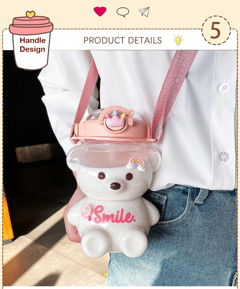 Kawaii Bear Water Bottle — 1000ml Cute Straw Cup with Strap