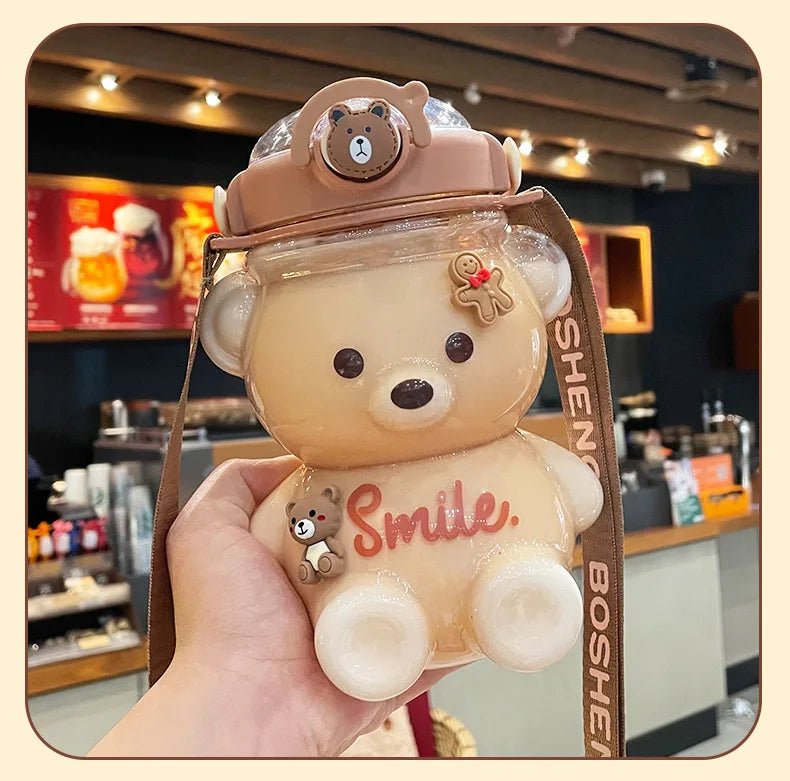 Kawaii Bear Water Bottle — 1000ml Cute Straw Cup with Strap