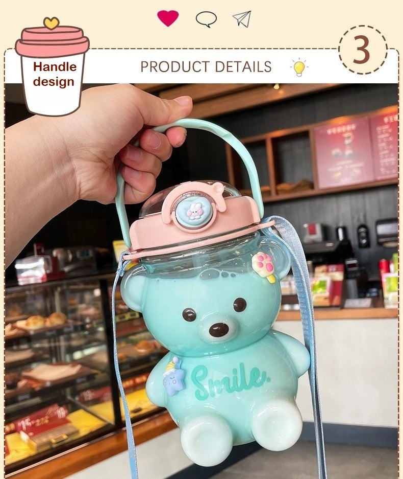 Kawaii Bear Water Bottle — 1000ml Cute Straw Cup with Strap