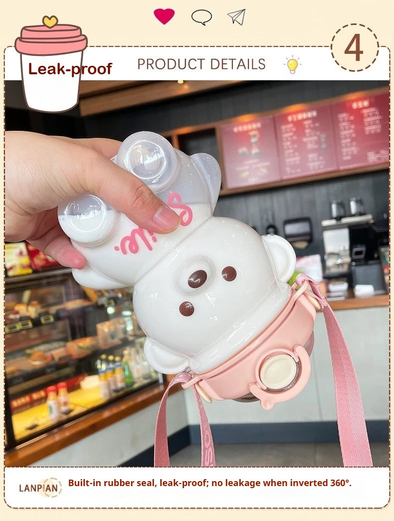 Kawaii Bear Water Bottle — 1000ml Cute Straw Cup with Strap