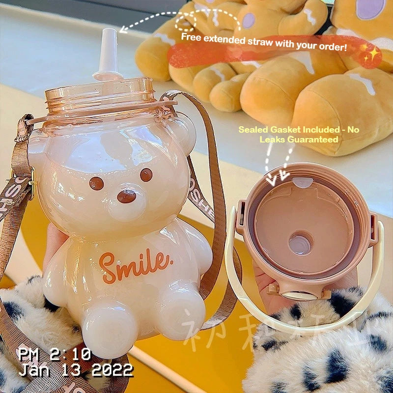 Kawaii Bear Water Bottle — 1000ml Cute Straw Cup with Strap