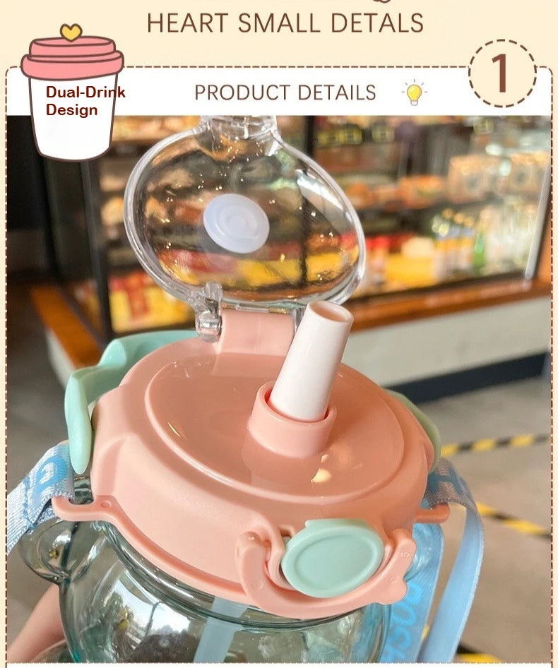 Kawaii Bear Water Bottle — 1000ml Cute Straw Cup with Strap