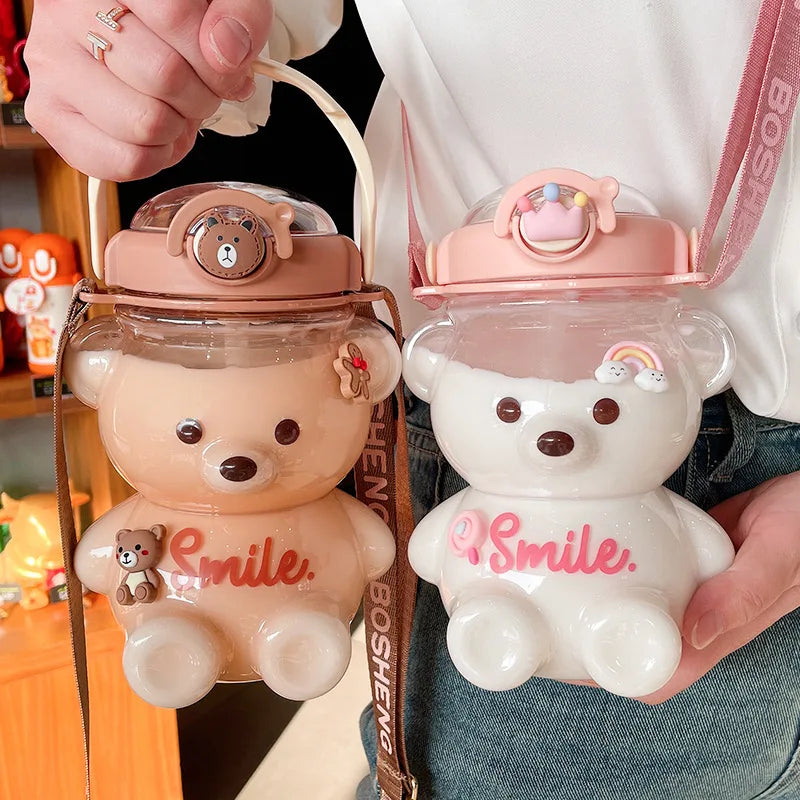 Kawaii Bear Water Bottle — 1000ml Cute Straw Cup with Strap