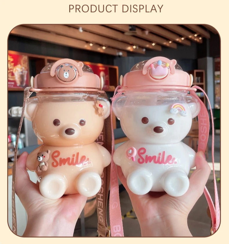 Kawaii Bear Water Bottle — 1000ml Cute Straw Cup with Strap