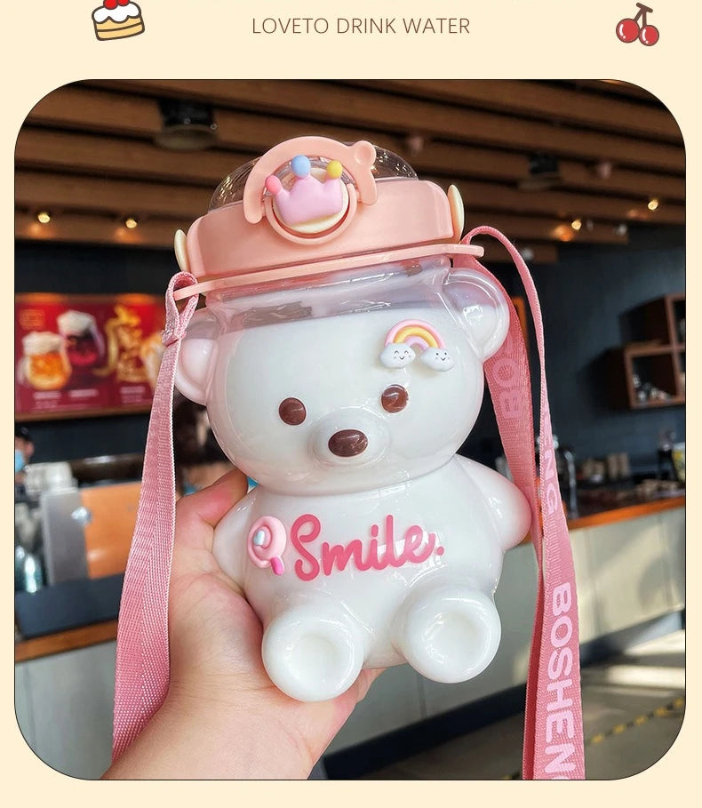 Kawaii Bear Water Bottle — 1000ml Cute Straw Cup with Strap