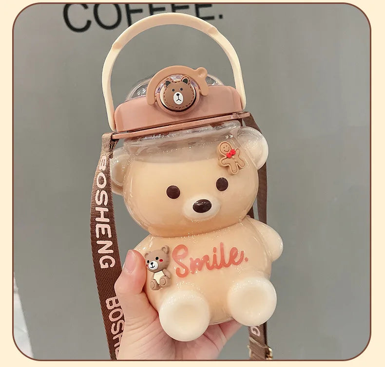 Kawaii Bear Water Bottle — 1000ml Cute Straw Cup with Strap